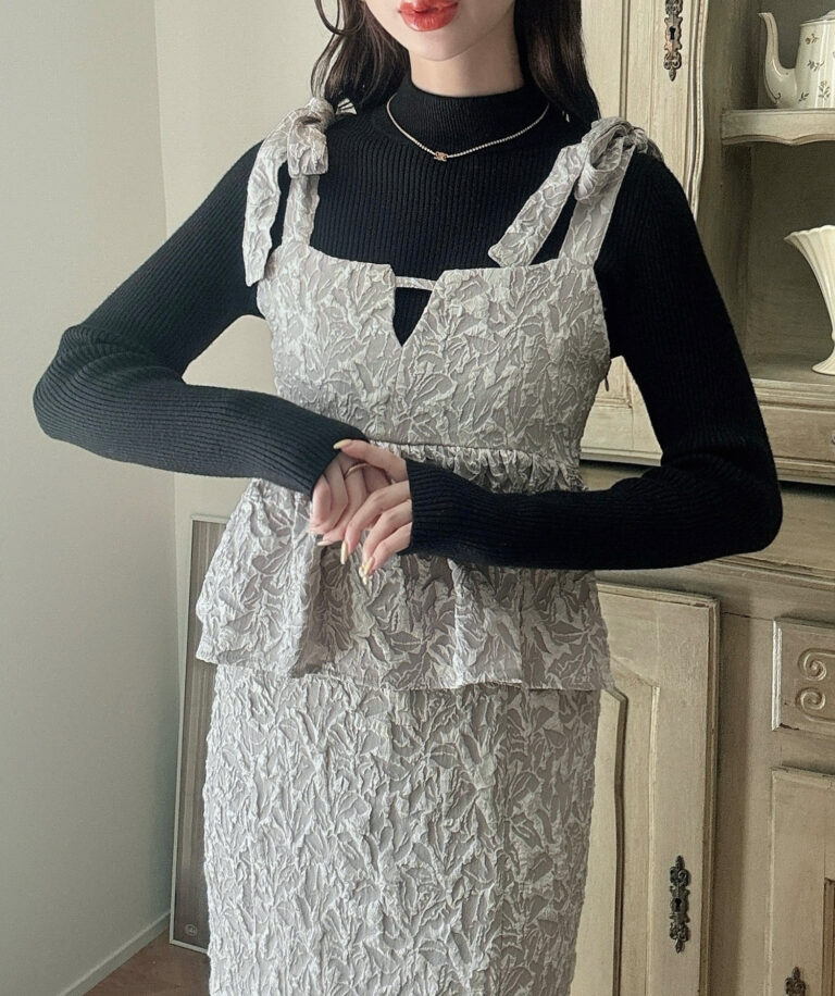 リボンペプラムジャカードワンピース（アイボリー） リボンペプラムジャカードワンピース（アイボリー） リボンペプラム